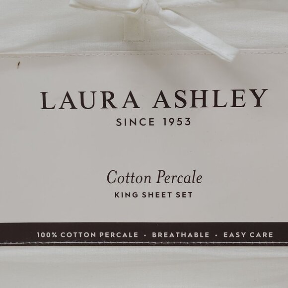 Laura Ashley King Cotton Percale Sheet Set White Embroidered Pink Hearts - Picture 3 of 5